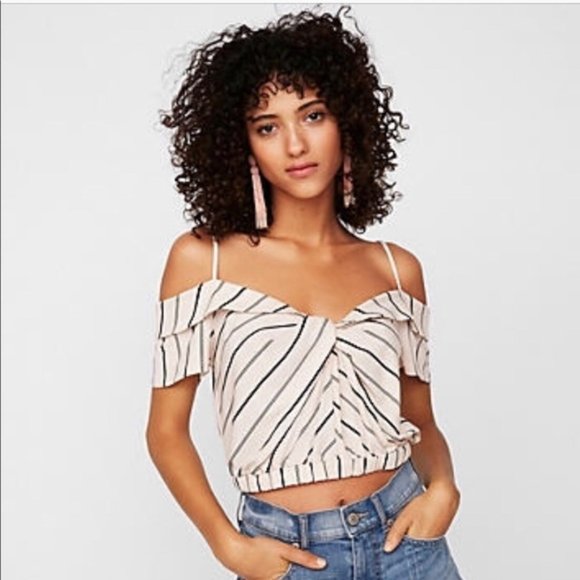 Express One Eleven Cold Shoulder Cream Striped Cropped Blouse - Picture 1 of 7
